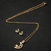 3 Pieces/Set Stainless Steel Exquisite Moon Star Earrings Necklace, Women Set Asymmetrical Star Moon Bride Engagement Earrings Wedding Gift - C-tZ111 - View 3