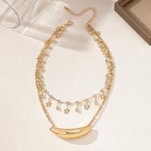 1pc Elegant European Fashion Metal Shell Rhinestone Double-Layer Necklace Set For Women