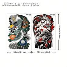 JKCODE TATTOO Orientalisches Kranich-Arm-Tattoo - temporäres Tattoo mit schwarz, rot und grün Tintenmalerei des Rotscheitel-Kranich Totems, geeignet für Arm, Hand und Rücken, hält 3-5 Tage - Verschiedenfarbig - Übersicht 8