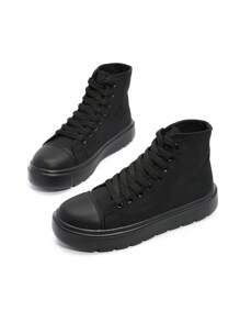 Women's Lightweight High-Top Canvas Sneakers, Breathable Comfortable Lace-Up Thick Sole Versatile White Athletic Shoes, Suitable For All Seasons - Black - View 2