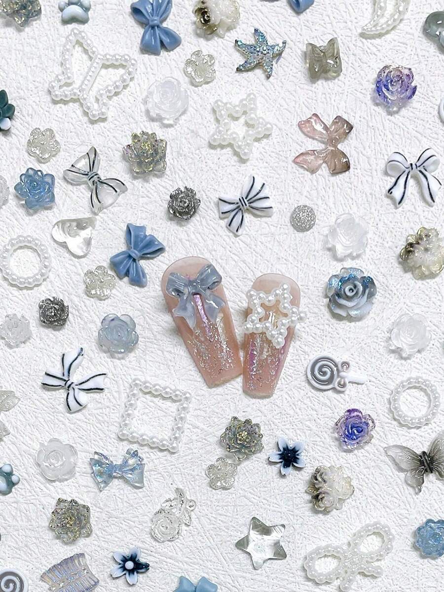 100 件/套各种浅灰色心形和蝴蝶结美甲装饰，手工 DIY 树脂花指甲首饰配件 - 灰色 - 查看 1