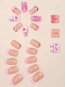 24pcs French Tips Pink Heart-Shaped Medium-Long Oval Fake Nails Suitable For Dating, Includes 1 Nail File & 1 Nail Glue Press On Nails