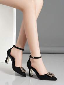 Women's Pointed Toe High Heel Pumps, Thick Heel With Hollow Design, Buckle And Rhinestone Decoration,Elegant,Party Outfits - Black - View 3