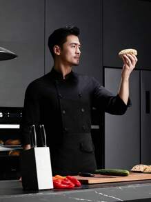 Chef Uniform, Long Sleeve, Autumn/Winter, Black, Double-Breasted, Washable, Pilling-Resistant, Skin-Friendly Fabric, Colorfast, Suitable For Hotel, Restaurant, Bakery, Cafe, Kitchen, Cafeteria, Catering Back Kitchen, Work Uniform Long Sleeve, Chef Uniform Long Sleeve, Men's Work Uniform Long Sleeve, Spring/Autumn/Winter Chef Uniform Long Sleeve, White Long Sleeve Chef Uniform, Men's Chef Uniform Long Sleeve - Black - View 1