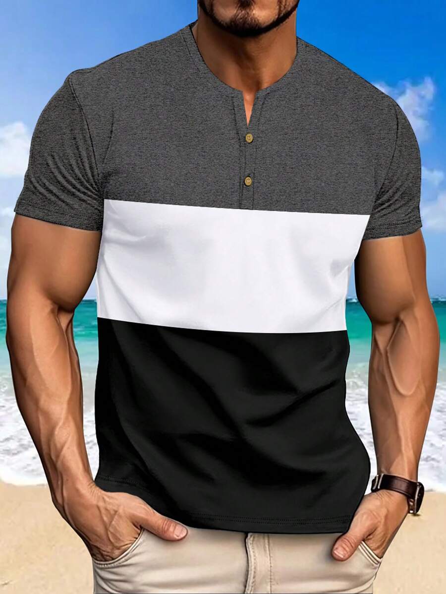 新款男士夏季休闲运动户外日常度假 V 领基本款短袖 T 恤