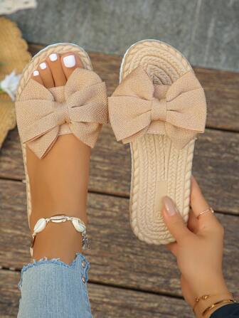 Sandalias planas casuales y de moda para mujer de talla grande del 35 al 45, con lazo en la parte inferior de rafia sintética, ligeras y cómodas de poner y quitar.