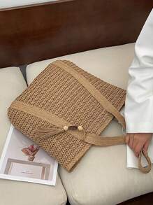2026 New Casual Zipper Closure Straw Tote Bag, Large Capacity Commuter Handbag, Fashionable Woven Beach Bag For Vacation - Khaki - View 7