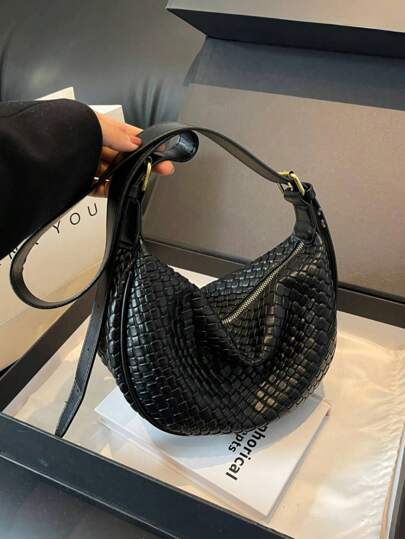 Fashionable New Women's Oblique Shoulder Bag, Solid Color Minimalist PU Woven Texture, Suitable For Dating, Shopping, Versatile & Elegant