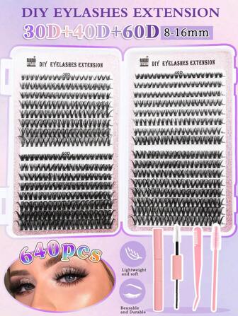 640Cluster Individual Lash Clusters,30-40-60-80-100D 0.07D 8-16mm Natural Look Handmade Grafting Lash ClustersDouble Ended Mascara