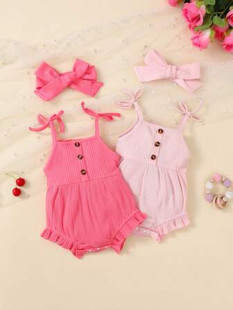 （两件套组合）女婴针织罗纹吊带背心，休闲可爱百搭连体衣+发带