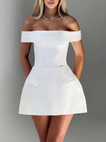 Women's Clothing Temperament Elegant Style Waist Cinched One Shoulder Solid Color Knitted Mini Dress Wedding Banquet Women's Sexy White Evening Dress Chic Wedding White Dresses - White - View 8