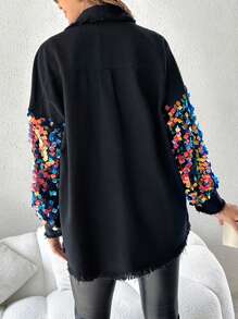 ChicMe Contrast Color Sequin Long Sleeve Jacket, Button Front, Fuzzy Hem, Loose Shirt Style Top - Multicolor - View 9