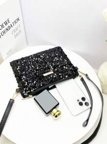 1件亮片女士单肩包，时尚简约百搭斜挎包、单肩包、手拿包、信封包，彩虹条纹草编包，轻便商务休闲水钻装饰抽绳水桶包，透明时尚珍珠包，晚宴包，优雅精致，低调奢华，适合派对女孩、女士、新娘，完美适用于派对、晚宴/宴会、圣诞派对、新年等场合。 - 黑色 - 查看 6