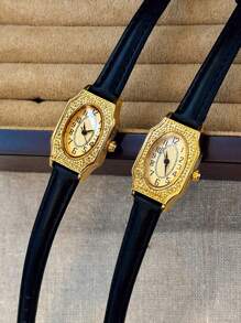 1 Đồng hồ thạch anh vàng phong cách cổ điển mới cho nữ, dây đeo bằng da PU, mặt số hình chữ nhật khắc, số Ả Rập, thiết kế tối giản thời trang thanh lịch, thích hợp để đeo hàng ngày và làm quà tặng sinh nhật - màu đen - Xem 3