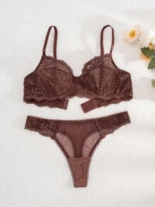 1 Set Women Solid Color Lace Comfortable Underwear Lingerie Bra And Panty Set
