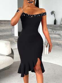 ChicMe Robe midi moulante élégante et sexy avec épaules dénudées, volants perlés et ourlet. Tenue de soirée tendance.