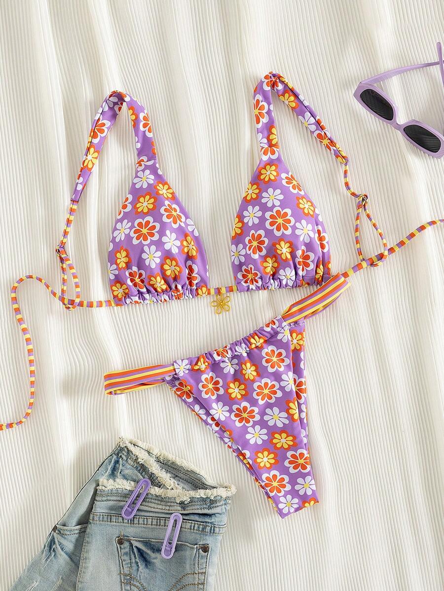 2pcs/Set New Soft Cup Adjustable Strap Printed Tie Front Elegant Party Bikini Swimwear, Summer Beach Fashion Swimwear For Women - Purple - View 1