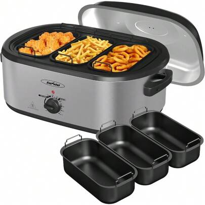 Sunvivi Electric Roaster Oven, Roaster With Removable 3-Bin Buffet Server, 24 QT Turkey Roaster Oven With 150-450°F Full-Range Temperature Control, Removable Pan & Rack, Stainless Steel, Silver