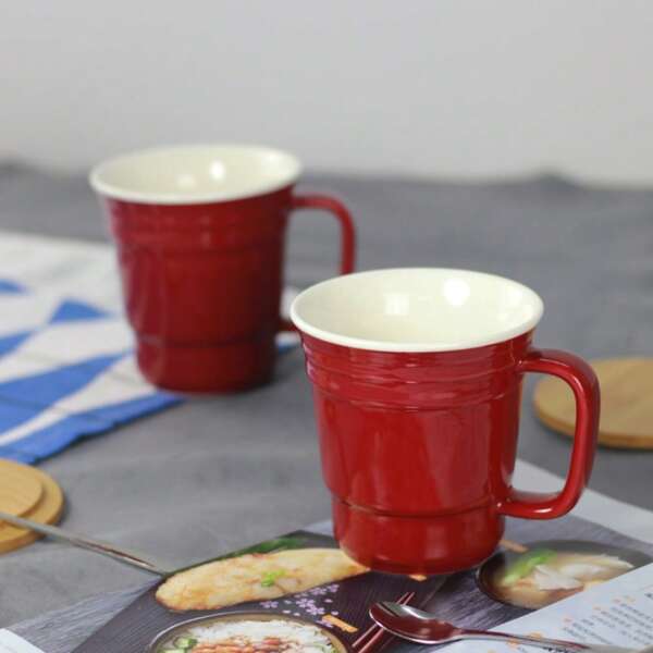 American Minimalist Ceramic Mug, Red Ceramic Mug, Creative Breakfast Cup With Spoon, Coffee Mug, Couple's Personalized Home Water Cup.