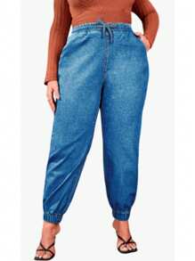 Women's Denim Jogger Jeans With Drawstring And Elastic Waist - Blue - View 2