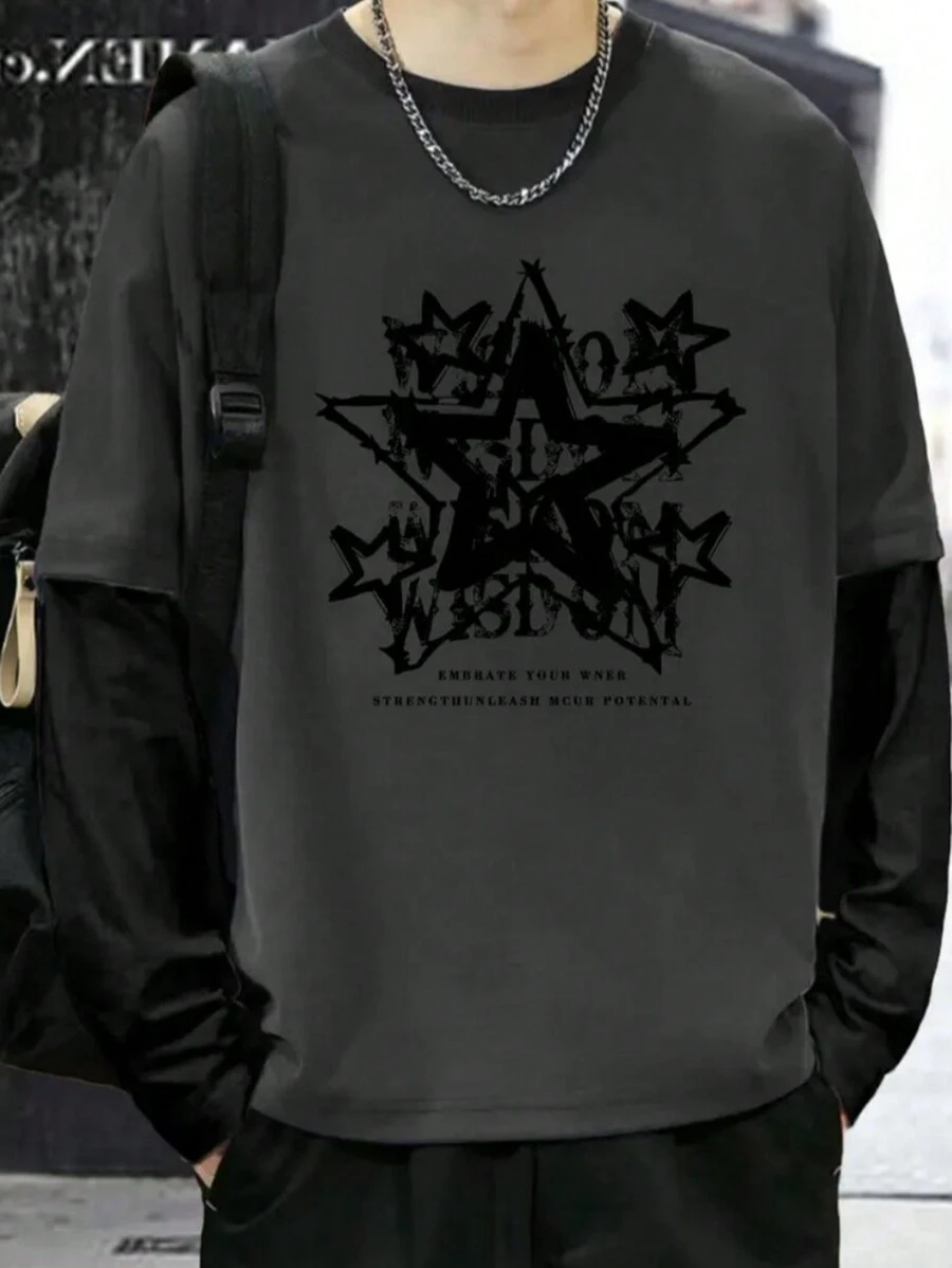 Long Sleeve T-Shirt Lead Streetwear Model: "Star - Embrace Your Wner" - Tumblr Style Special Launch - 深灰色 - 查看 1