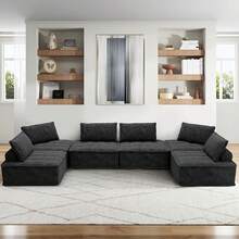 Sofá modular en forma de U con asiento profundo, de estilo moderno y sobredimensionado, con tela de pana cómoda, sofá seccional convertible con almohada móvil para sala de estar en el hogar, color negro - Negro - Ver 7
