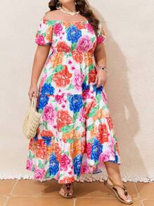 Plus Size Off Shoulder Short Sleeve Floral Print Layered Vacation Dress