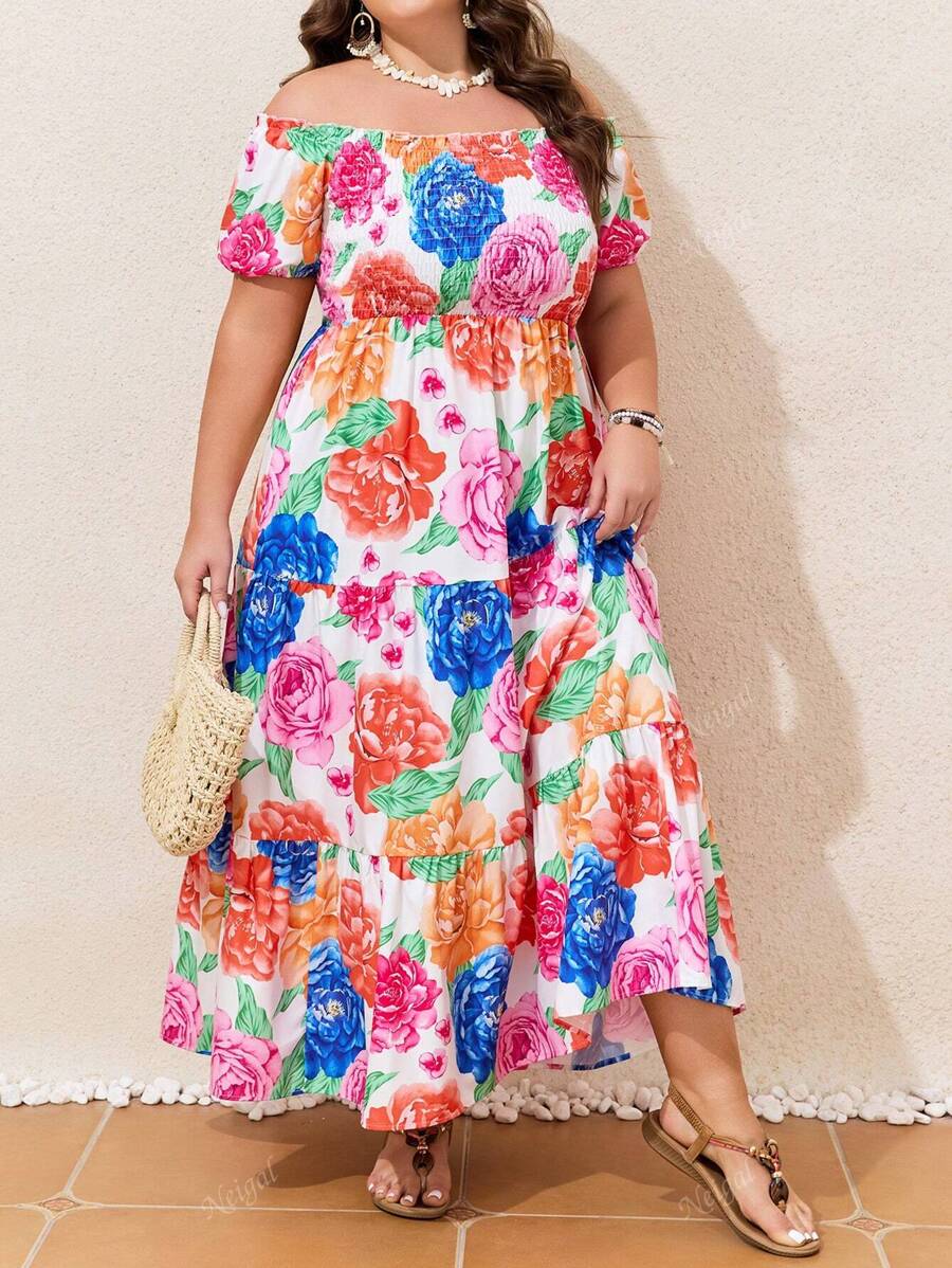 Plus Size Off Shoulder Short Sleeve Floral Print Layered Vacation Dress