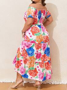 Plus Size Off Shoulder Short Sleeve Floral Print Layered Vacation Dress - Multicolor - View 3