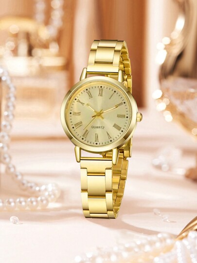 Goud Alloy Strap Roman Alphabet Scale Dial Quartz Horloge LOVE Bracelet Set Wear Or Holiday view 2