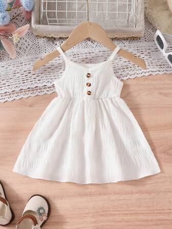1 pieza Vestido de tirantes casual y lindo para bebés niñas con decoración de botones en unicolor, regalo para fiesta de vacaciones de verano
