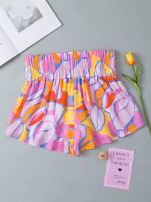 Acelitt Purple Abstract Print Smock Waist Casual Shorts - Multicolor - View 4