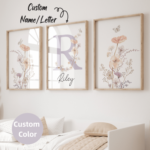 3pcs/Set, Custom Name Wildflowers Wall Art, Personalized Floral Nursery Wall Art Set, Custom Watercolor Flowers Poster Printing, Flower Theme Room Decoration - Set Of 3 Boho Posters - Personalized Birth Gift - Custom Flower Initial Wall Art Gifts Birthday Graduation