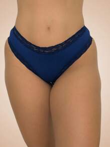 Ribbed Panties With Lace Detail - Navy Blue - View 1