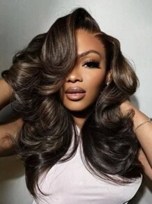 UNice 假发 7x5 Bye-Bye Knots™ 蕾丝前部 浓咖啡棕色 带亮点 散落波浪 无胶 佩戴 女士假发 蕾丝闭合 预剪 预漂白 预拔 一体式假发