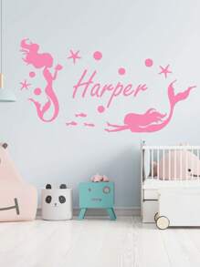 1pc Cartoon Personalize Custom Name Mermaid Wall Sticker Pvc Wall Stickers Wall Art Wall Paper For Living Room Bedroom Decal Creative Stickers Gifts Birthday Graduation - Soft Pink - View 2