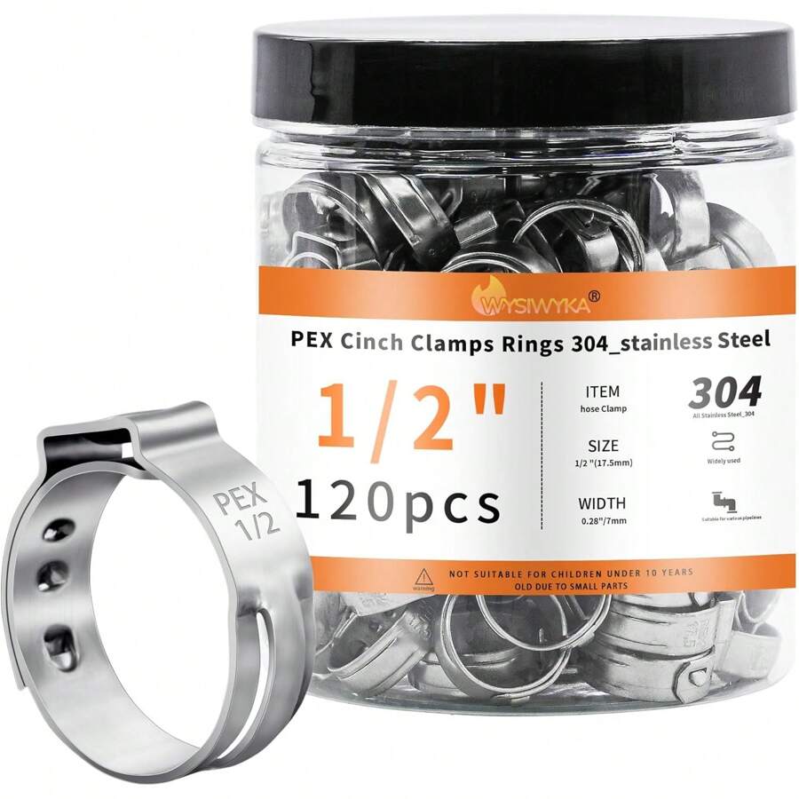 120pcs 1/2 Inch PEX Cinch Clamps Rings, 304 Stainless Steel Single Ear Hose Clamps, Pex Crimp Rings For PEX Tubing Pipe Fitting Connections