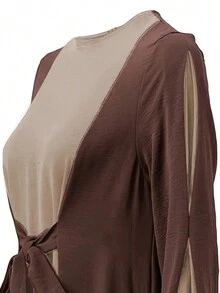Fashionable Women's Patchwork Contrast Color Modest Waist Elastic Cuff Round Neck Long Sleeve Dress, Dignified And Proper Eid Spring - Brown - View 4