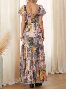 Women's Summer Casual Long Dress Flower Print Long Dress Short Puff Sleeve Sweetheart Neck Tunic Waist A-Line Dress - Màu vàng - Xem 7