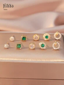 Hihho Set de 10 piezas de nuevos aretes tipo botón clásicos, con diseños redondos y cuadrados, con piedras de circonia verde, diseño minimalista para mujer (incluye caja de regalo) - Amarillo Oro - Ver 3