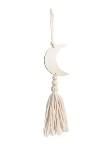 1 pieza de rebanada de madera decoración hecha a mano con estrella y luna de borlas, cuentas de madera para decoración del hogar, decoración de Ramadán