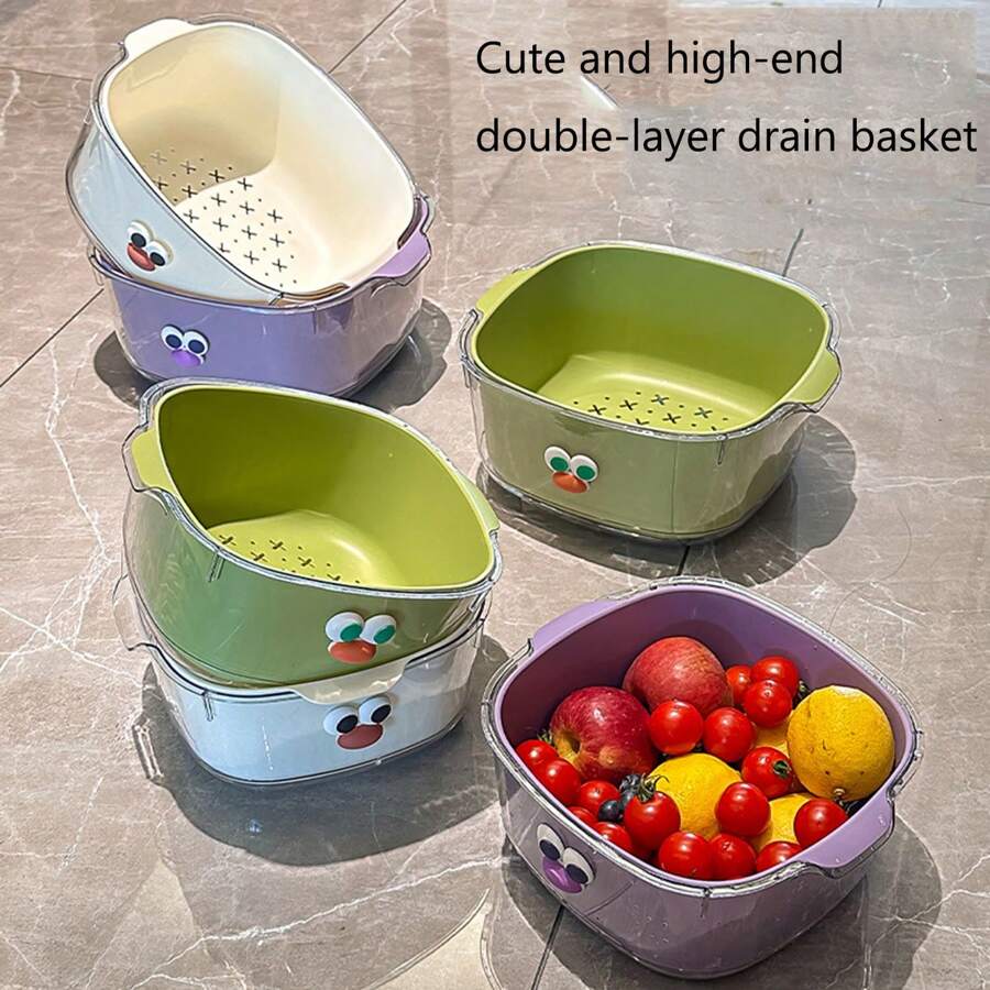 Double Layer Dopamine Drainage Basket, Household Cute Fruit Basket, Cleaning And Filtering 2-In-1 Thickened Fruit Tray, Vegetable Basket,Kitchen Items For Ultimate Kitchen Efficiency With Cozy Fall& Winter Styles