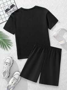 2PCS Young Girl Slogan Printe Shorts Outfit Set Summer Crew Neck T-Shirt & Shorts Soft Tee And Sport Shorts Set For Girl