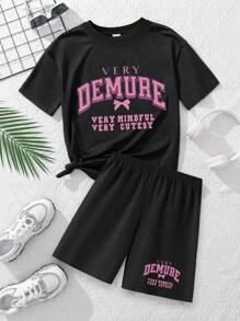 2PCS Young Girl Slogan Printe Shorts Outfit Set Summer Crew Neck T-Shirt & Shorts Soft Tee And Sport Shorts Set For Girl
