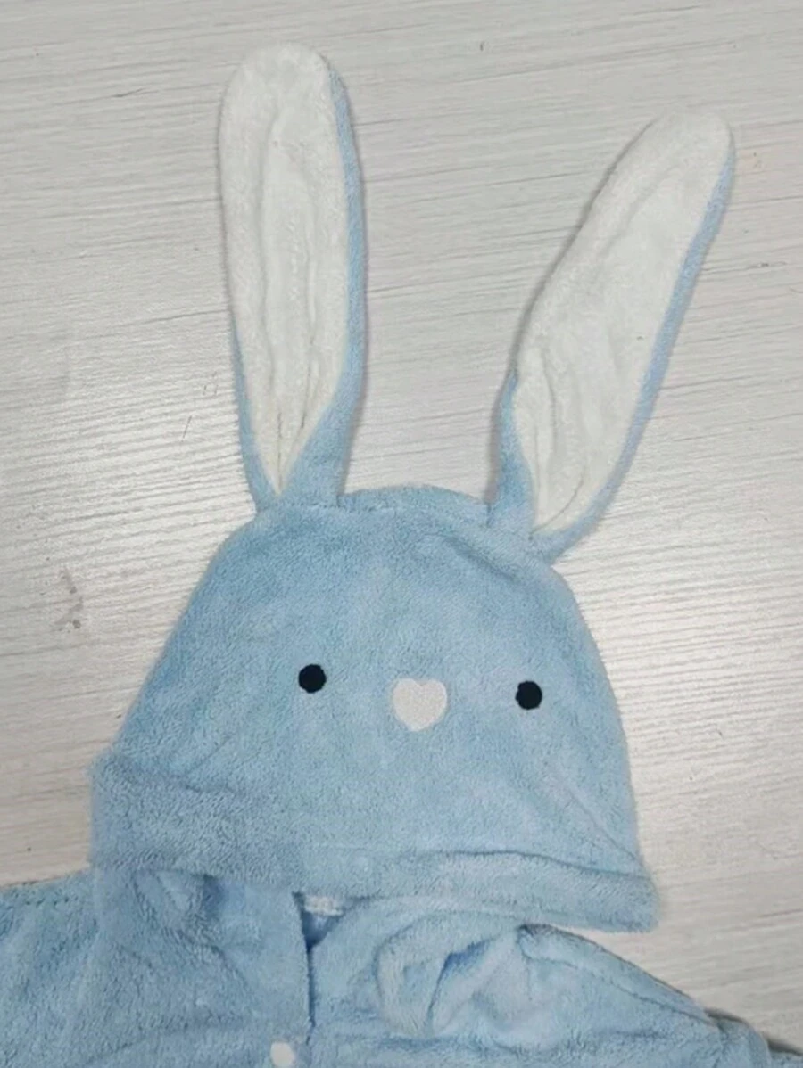 1 pieza Bata con capucha de felpa coral con bordado 3D de conejo, ropa de estar en casa, bata, ropa de alta gama para el hogar, adecuada para el baño, la piscina, regalo - Verde - Ver 1