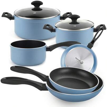Fagor Juego de utensilios de cocina Maxima de 8 piezas: 2 cacerolas de 20 - 24 cm, 2 tapas de vidrio, 3 sartenes de 20-24-28 cm, 1 cacerola de 16 cm de aluminio forjado con revestimiento antiadherente libre de PFOA, para todo tipo de cocinas, incluida la de inducción, color azul ✅ Entrega 24/72h