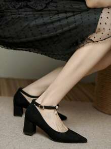 Black Dress Pearls Mid Heel Pumps For Women, French Style Elegant Formal Shoes Suitable For Skirts, Spring