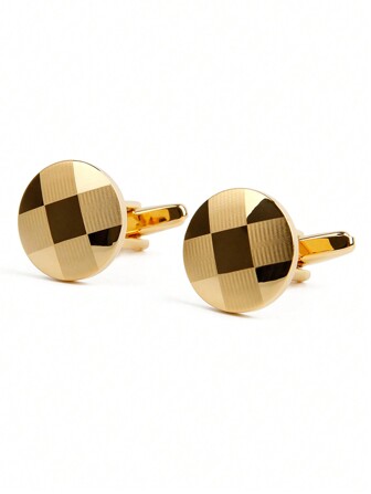 Men's Laser Plaid Pattern Round Gold Cufflinks