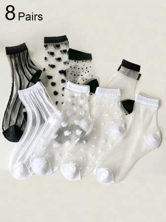 4 Pairs/8 Pairs Women Black & White Series Mesh Mid-Calf Socks, Sheer Crystal Silk Casual Socks, Spring Summer Thin Style
