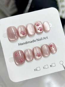 10 件可爱猫爪粉色猫眼短假指甲，甜美女孩美甲装饰，手工制作且可重复使用按压式指甲美甲用品 - 粉色 - 查看 1